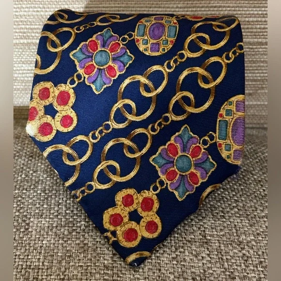 CHANEL Blue and Gold Patterned Tie - Picture 1 of 11